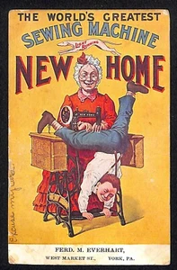 New Home Sewing Machine Post Card - Funny Woman Sews Man's Pants PM 1913 - Picture 1 of 2
