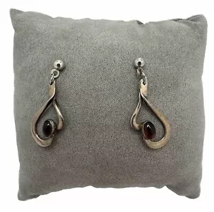 Vintage Sterling Silver & Cabouchon Garnet MODERNIST Earrings - Pierced Ears - Picture 1 of 15