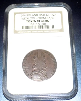 Ireland 1794 D&H-63 Wicklow-Cronebane 1/2P coin NGC XF 40 BN IRISH CONDER TOKEN - Image 1 of 4