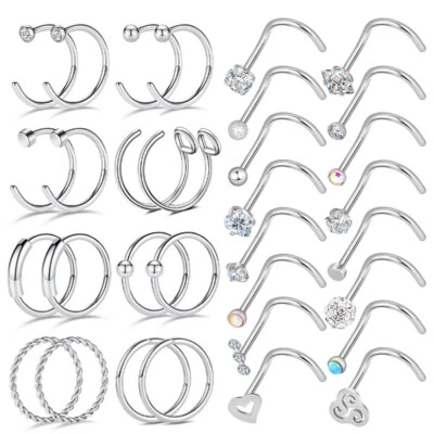 32PCS/LOT Nose Ring Screw Bar Nose Stud Earring Set 316L Steel Nose Piercing 20g - Image 1 of 4