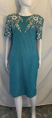 复古 Stenay 真丝连衣裙 10 亮片串珠绿松石色 — 第 1/4 张图片