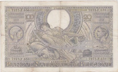 BELGIUM 100 FRANCS 20 BELGAS 13.08.1941 F - Image 1 of 2