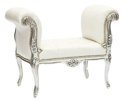 Bench Wooden Leaf Silver Style Louis XV Synthetic Leather White • 350.10$