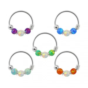 Multi Color Bead 925 Sterling Silver AB Opal Bead in Center Nose Hoop Ring 22G - Picture 1 of 3
