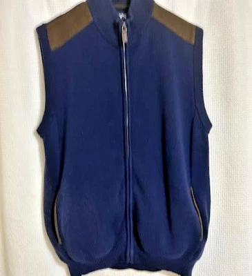 CHAPS HOMBRE L, Azul Marino, Chaleco Suéter Cremallera Completa con Borde de Microgamuza Marrón y Bolsillos Foto 1 de 4