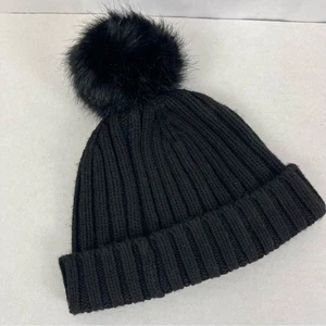 J.Crew Black Knit Beanie Hat Faux Fur Pom One Size OS Ribbed Winter Cold Weather - Picture 1 of 7