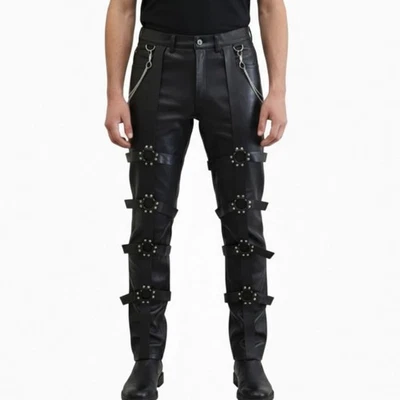 Mens Biker Jeans Real Black Cow Leather Pants Punk Kink BLUF Trousers - Image 1 of 4