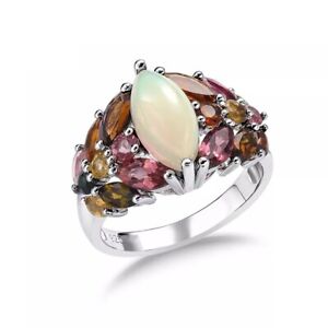 Marquise Cut Opal and Multicolor Tourmaline Gemstone Ring, Tourmaline and Opal