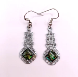 Vintage Sparkly Art Deco Pearly Green Silver-tone Pretty Dangle Earrings - Picture 1 of 2