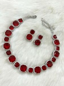 Bollywood Style Silver Plated Ruby Choker CZ Necklace Earrings Jewelry Set