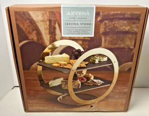 NEW Artesa 2-Tier Serving Stand Tapas Round Gold Metal & Slate 12" Hand Finished - Picture 1 of 5