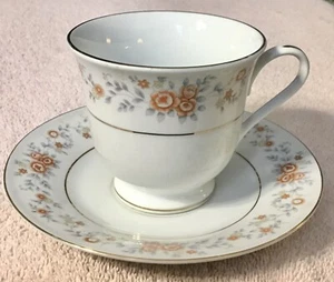 Vintage FTDA 1987 Footed Tea Cup & Saucer Set, White Silver Band, Orange Floral. - Picture 1 of 12