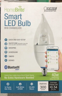 (1) NEW HomeBrite Smart LED Bulb B10 Chandelier 4.5w (40w rep) 2700K BLUETOOTH - Image 1 of 2