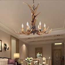 American Deer Horn Antler Resin Light Chandelier Hanging 6 Heads Lamp Industrial