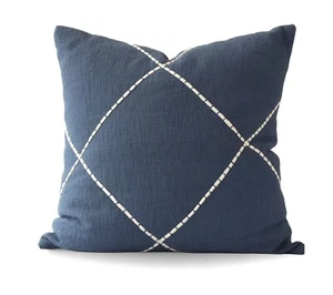 NEW! Navy Criss Cross Embroidered Pillow Cover 22" Sq. Crisp Cotton Texture - Picture 1 of 3