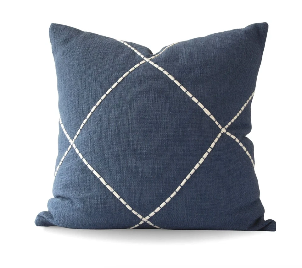 NEW! Navy Criss Cross Embroidered Pillow Cover 22" Sq. Crisp Cotton Texture - Image 1 of 3