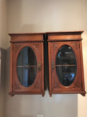 small antique oak display cabinet, carved, cut glass front, 2 available,14x11x25 Cover
