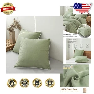 Luxurious Sage Green Linen Pillow Covers with White Trim - 26" Square Shams - Picture 1 of 11