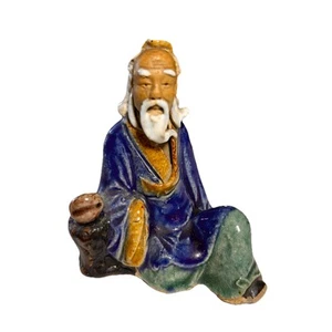 Antigua Estatuilla Shiwan Mudman Sabio Anciano Hecha a Mano Azul Esmalte Arcilla Oriental 3 pulgadas - Imagen 1 de 9