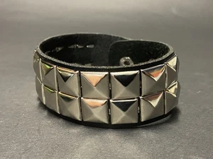 80s Punk Rock Cuff Studs Wristband Bracelet Black Leather Goth Grunge 2 rows - Picture 1 of 6