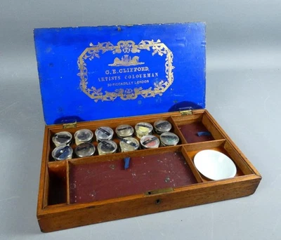 Caja de pintura vintage C E Clifford colores iluminadores con ollas de vidrio c1870 #5512 Foto 1 de 4