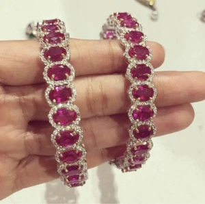 Solid 925 Sterling Silver White Topaz Created Ruby Handmade Wedding 2 Bangle - Picture 1 of 1