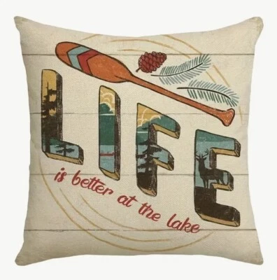 Rowing Lake Canoe Explore Lake Lodge Cabin Hunting Throw Pillow Cover Man Cave - Image 1 of 3