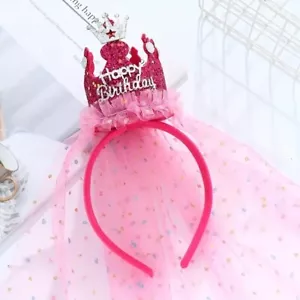 Birthday Party Crown Headband Happy Birthday Hair Hoop Princess Veil- Hot Pink - Picture 1 of 4