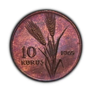 TURKEY. 1965, 10 Kurus - Ottoman Turkish Crescent Star, Oat Stalk, 🌈 Toned - Picture 1 of 3