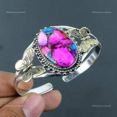 Sterling Silver Natural Kingman Pink Dahlia Turquoise Gemstone Bangle Jewelry - Image 1 of 4