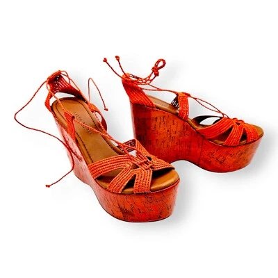 RALPH LAUREN COLLECTION — оранжевые тканые пробковые туфли на танкетке на шнуровке — США 9 - Изображение 1 из 4