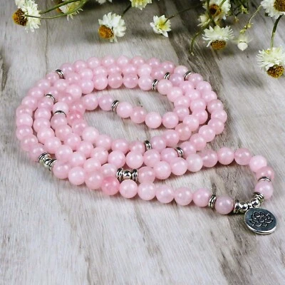 108 Mala Beads Natural Rose Quartz Pink Stone Necklace Mala Prayer Necklace - Image 1 of 4