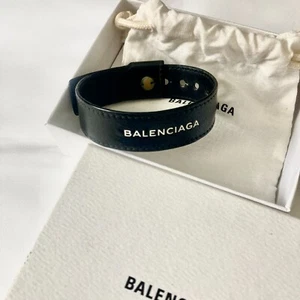 Used BALENCIAGA Bracelet Black Leather with Box Logo Unisex Accessory - Picture 1 of 8