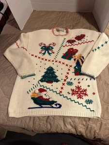 Karen Scott Chunky White  Knit Ugly Christmas Tree Sweater Pixelated Size Large - Picture 1 of 15