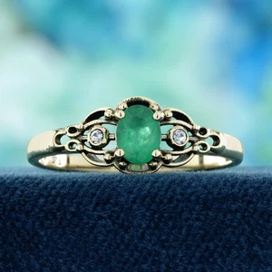 9K Yellow Gold Emerald and White Sapphire Vintage Style Ring - Picture 1 of 9