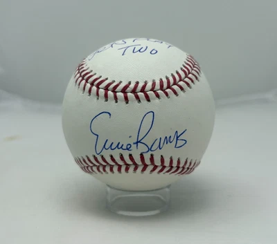 Ernie Banks Signed Rawlings Baseball With Ball Cube Lets Play Two Insc PSA 547 - Image 1 of 4