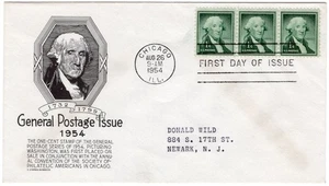 1954 FDC 1031 1¢ George Washington strip/3, C. Stephen Anderson black cachet - Picture 1 of 1