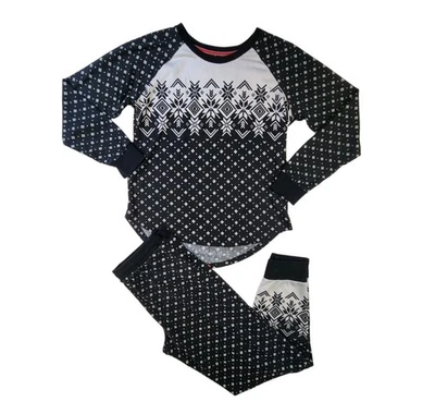 Cuddl Duds 女式黑色白色 Fair Isle Lounge 睡衣套装 尺寸 M 雪花 — 第 1/4 张图片