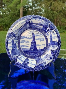 A. C. Bosselman & Co NYC Flow Blue Souvenir Plate 1900 Statue of Liberty 7 Scene - Picture 1 of 22