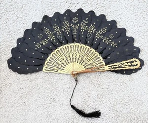 Antique 1800s Jenny Lind Black Silk Hand Fan w/ Gold Guard & Spangles - Picture 1 of 10