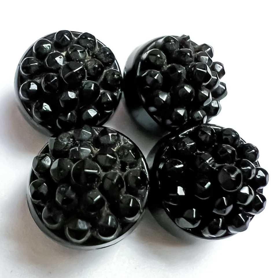 4 Antique Victorian Black Glass Ball Buttons Berry Top Metal Shank Dome Round - Image 1 of 4