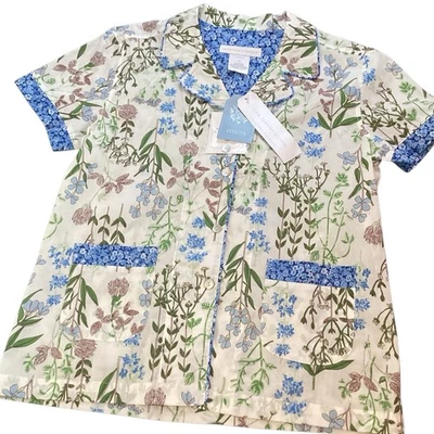 Nuevo con etiquetas Camiseta de salón Crabtree & Evelyn de algodón turco con botones estampado mixto, mediana Foto 1 de 4