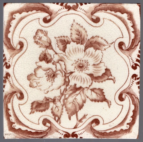 George Marsden - c1890 - Brown Floral & Parchment Scroll Border - Antique Tile Cover