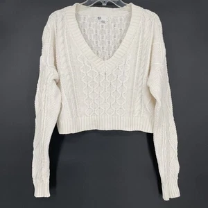 RSQ Tops Sweater Size Large White Cream Cropped V-Neck Cable Knit Cotton - Picture 1 of 6