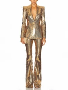 Women's Flare Pants Suit – Gold Sequin Blazer + Flared Trousers | Party, Evening - Picture 1 of 11