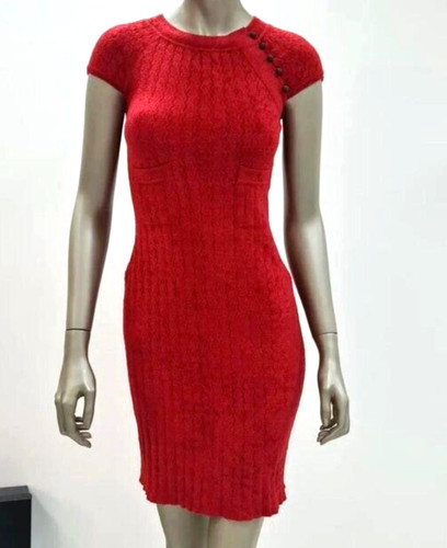 AUTENTICO 2010 CHANEL PARIS SHANGHAI ROSSO VISCOSA COSTINA MAGLIA MINI ABITO LOGO BOTTONI 36