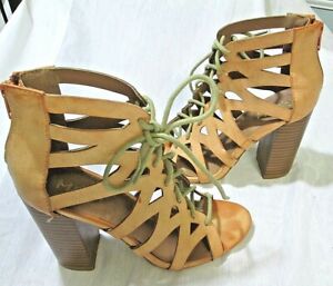 Women Leather Lace Up Cross Strap Gladiator Sandals Chunky Heels Thong Pumps Zse 