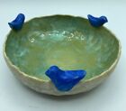 Studio Art Pottery Bowl Trinket Dish Handpainted Blue Birds Signed S Malamed