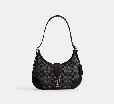 Coach Hamptons Hobo Bag In Crystal Signature Jacquard Silver Black - New - Image 1 of 4