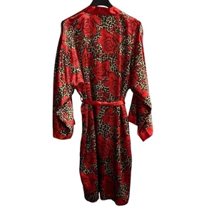 Ashro Robe Womens XL Red Satin Rose Animal Print Midi Tie Waist Modern Romantic - Picture 1 of 8